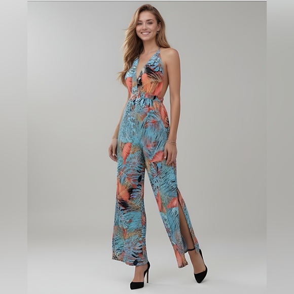 Pants - Tropical Print Tie Backless Split Thigh Halter Jumpsuit